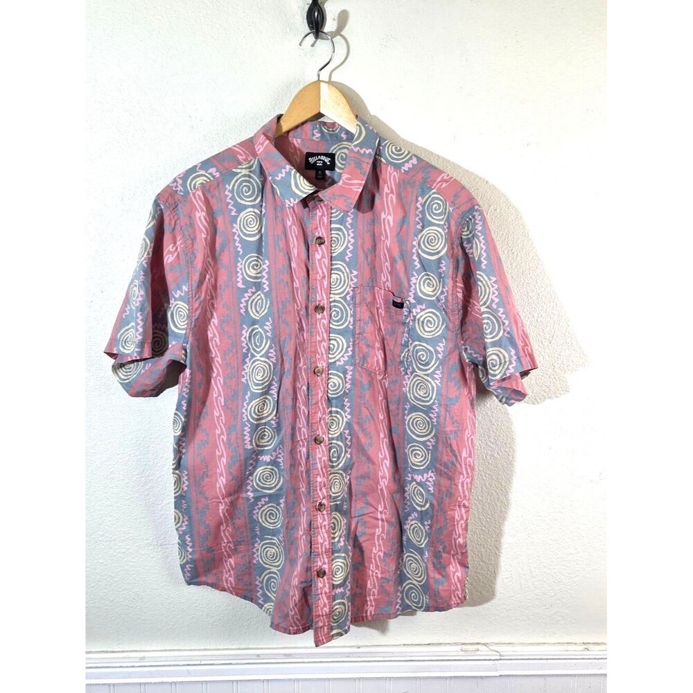 Billabong Mens Medium Button Up Shirt Pink Blue Y2K 90s Surf Skate AOP Cotton
